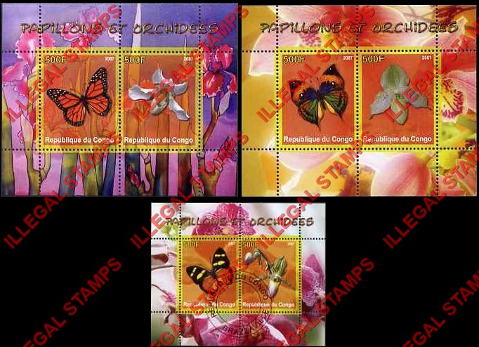 Congo Republic 2007 Butterflies and Orchids Illegal Stamp Souvenir Sheets of 2 Congo Republic 2007 Butterflies and Orchids Illegal Stamp Souvenir Sheets of 2