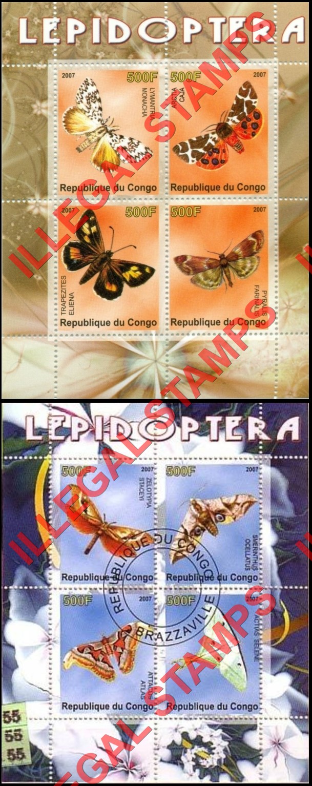 Congo Republic 2007 Butterflies Illegal Stamp Souvenir Sheets of 4 Congo Republic 2007 Butterflies Illegal Stamp Souvenir Sheets of 4