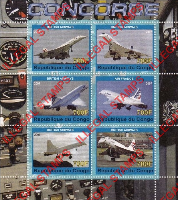 Congo Republic 2007 Concorde Illegal Stamp Souvenir Sheet of 6 Congo Republic 2007 Concorde Illegal Stamp Souvenir Sheet of 6