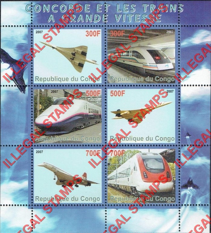Congo Republic 2007 Concorde and Trains Illegal Stamp Souvenir Sheet of 6 Congo Republic 2007 Concorde and Trains Illegal Stamp Souvenir Sheet of 6