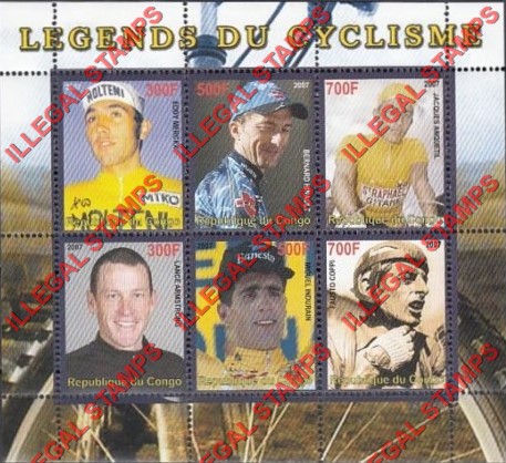 Congo Republic 2007 Cycling Legends Illegal Stamp Souvenir Sheet of 6 Congo Republic 2007 Cycling Legends Illegal Stamp Souvenir Sheet of 6