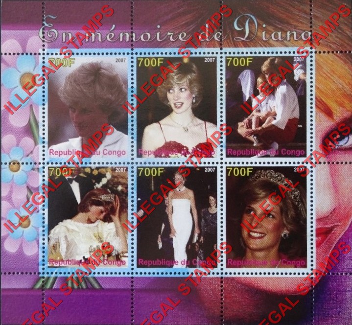 Congo Republic 2007 Princess Diana Illegal Stamp Souvenir Sheet of 6 Congo Republic 2007 Princess Diana Illegal Stamp Souvenir Sheet of 6