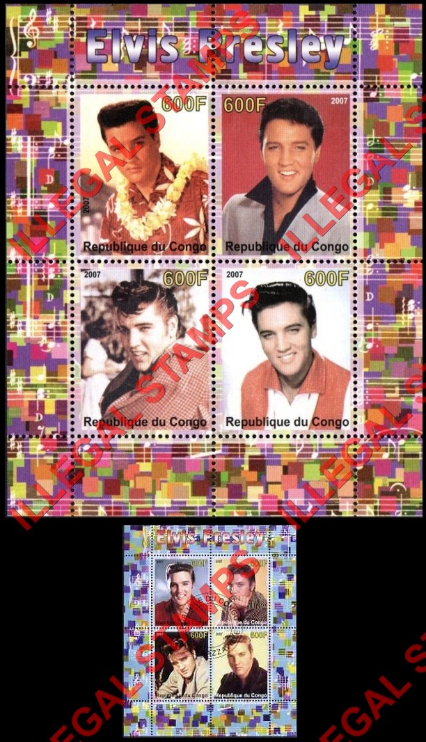 Congo Republic 2007 Elvis Presley Illegal Stamp Souvenir Sheets of 4 Congo Republic 2007 Elvis Presley Illegal Stamp Souvenir Sheets of 4