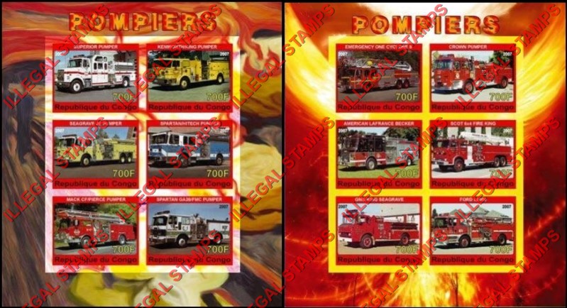 Congo Republic 2007 Fire Engines Illegal Stamp Souvenir Sheets of 6 Congo Republic 2007 Fire Engines Illegal Stamp Souvenir Sheets of 6