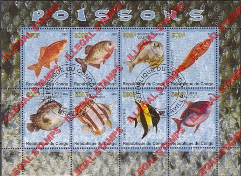 Congo Republic 2007 Fish Illegal Stamp Souvenir Sheet of 8 Congo Republic 2007 Fish Illegal Stamp Souvenir Sheet of 8