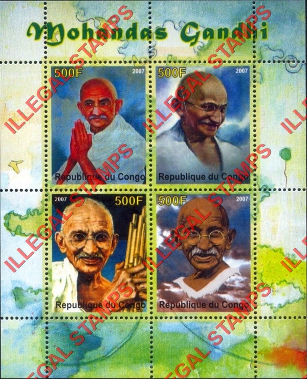 Congo Republic 2007 Gandhi Illegal Stamp Souvenir Sheet of 4 Congo Republic 2007 Gandhi Illegal Stamp Souvenir Sheet of 4