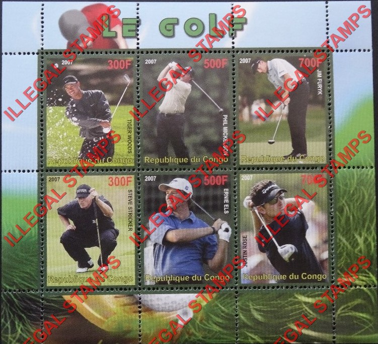 Congo Republic 2007 Golf Illegal Stamp Souvenir Sheet of 6 Congo Republic 2007 Golf Illegal Stamp Souvenir Sheet of 6