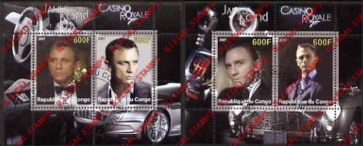 Congo Republic 2007 James Bond Illegal Stamp Souvenir Sheets of 2 Congo Republic 2007 James Bond Illegal Stamp Souvenir Sheets of 2