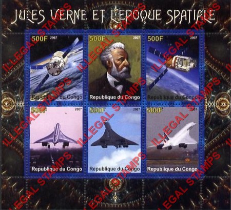 Congo Republic 2007 Jules Verne Space and Concorde Illegal Stamp Souvenir Sheet of 6 Congo Republic 2007 Jules Verne Space and Concorde Illegal Stamp Souvenir Sheet of 6