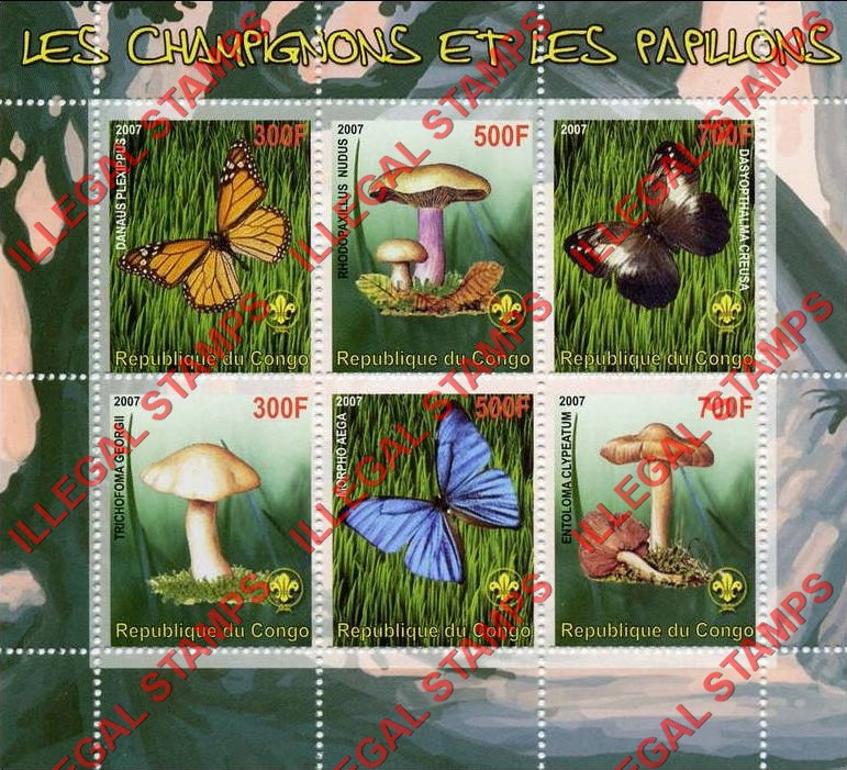 Congo Republic 2007 Mushrooms and Butterflies Illegal Stamp Souvenir Sheet of 6 Congo Republic 2007 Mushrooms and Butterflies Illegal Stamp Souvenir Sheet of 6