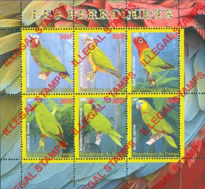 Congo Republic 2007 Parrots Illegal Stamp Souvenir Sheet of 6 Congo Republic 2007 Parrots Illegal Stamp Souvenir Sheet of 6