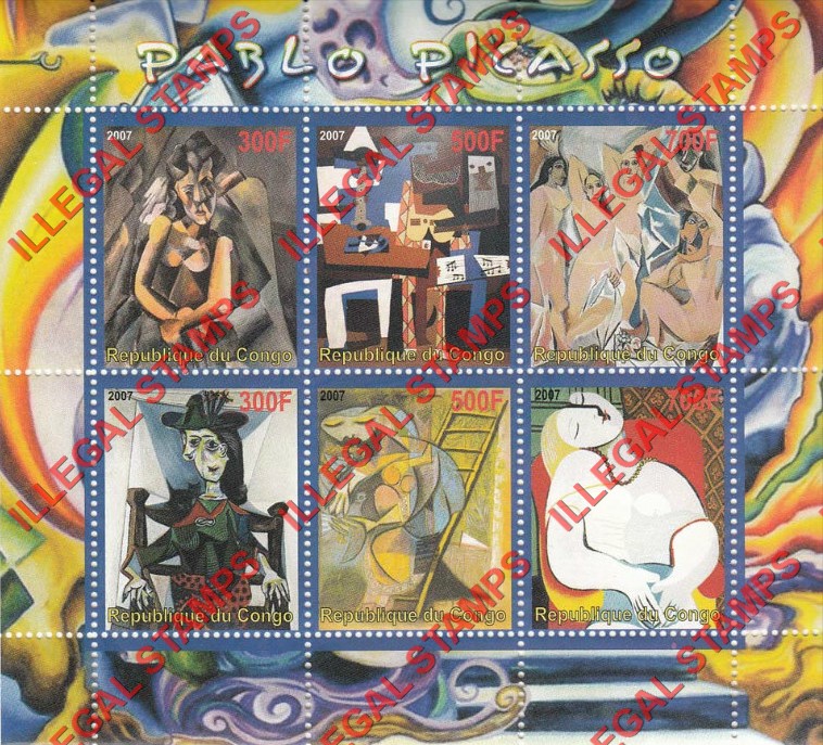 Congo Republic 2007 Picasso Paintings Illegal Stamp Souvenir Sheet of 6 Congo Republic 2007 Picasso Paintings Illegal Stamp Souvenir Sheet of 6