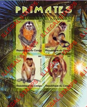 Congo Republic 2007 Primates Monkeys Illegal Stamp Souvenir Sheet of 4 Congo Republic 2007 Primates Monkeys Illegal Stamp Souvenir Sheet of 4