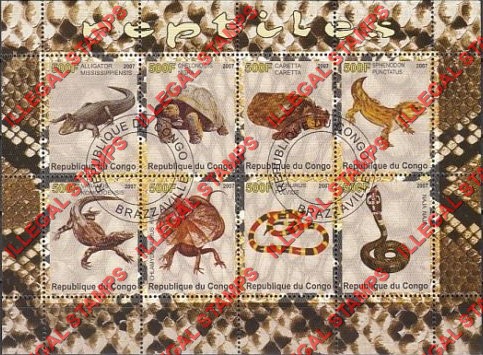 Congo Republic 2007 Reptiles Illegal Stamp Souvenir Sheet of 8 Congo Republic 2007 Reptiles Illegal Stamp Souvenir Sheet of 8