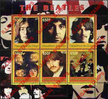 Congo Republic 2007 The Beatles Illegal Stamp Souvenir Sheet of 6 Congo Republic 2007 The Beatles Illegal Stamp Souvenir Sheet of 6