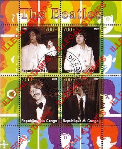 Congo Republic 2007 The Beatles Illegal Stamp Souvenir Sheet of 4 Congo Republic 2007 The Beatles Illegal Stamp Souvenir Sheet of 4