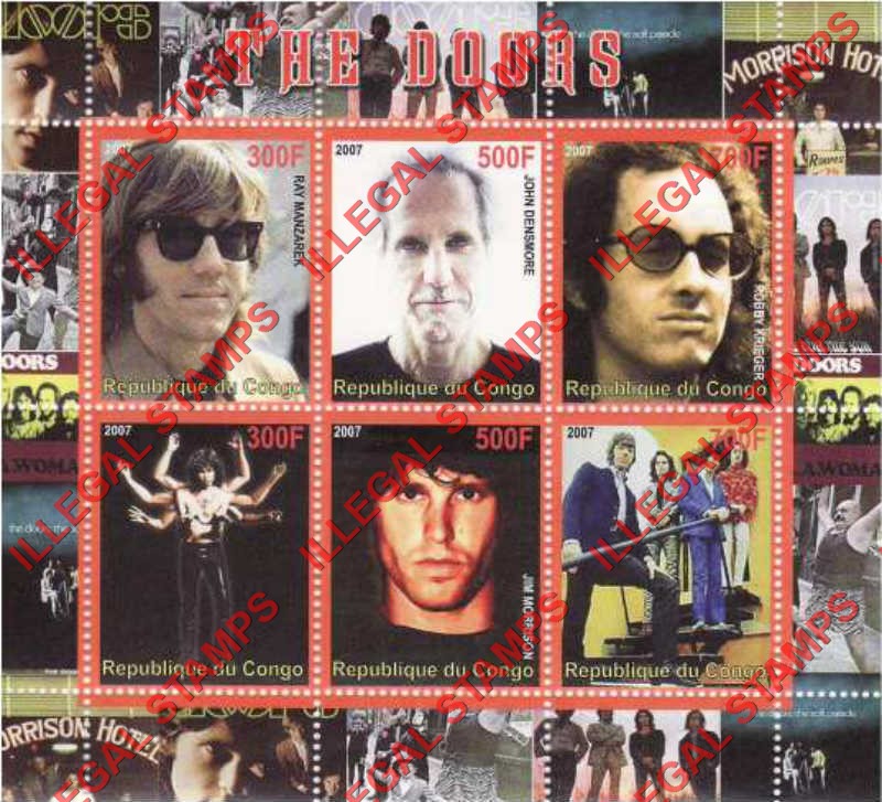 Congo Republic 2007 The Doors Illegal Stamp Souvenir Sheet of 6 Congo Republic 2007 The Doors Illegal Stamp Souvenir Sheet of 6