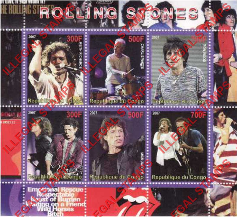 Congo Republic 2007 The Rolling Stones Illegal Stamp Souvenir Sheet of 6 Congo Republic 2007 The Rolling Stones Illegal Stamp Souvenir Sheet of 6