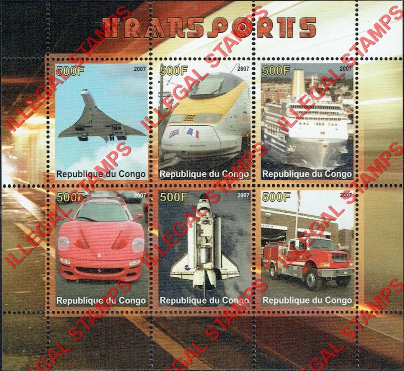 Congo Republic 2007 Transports Illegal Stamp Souvenir Sheet of 6 Congo Republic 2007 Transports Illegal Stamp Souvenir Sheet of 6