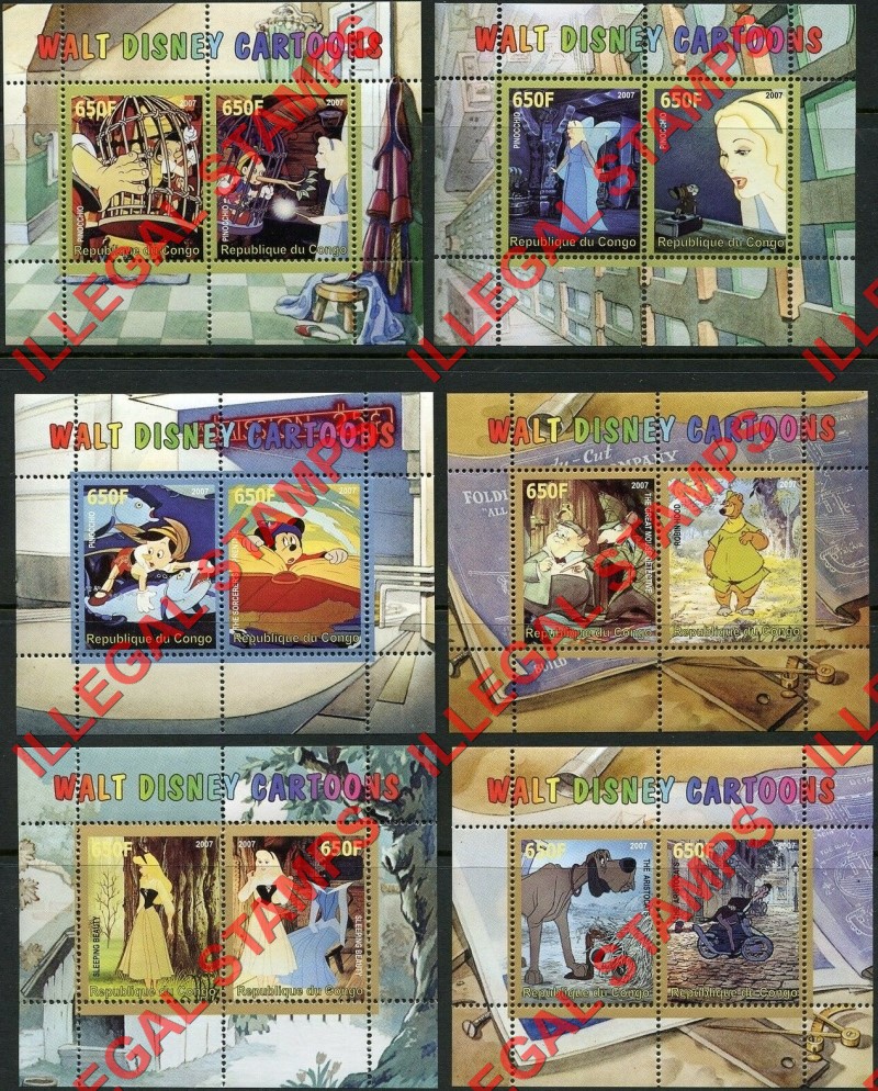 Congo Republic 2007 Walt Disney Cartoons Illegal Stamp Souvenir Sheets of 2 Congo Republic 2007 Walt Disney Cartoons Illegal Stamp Souvenir Sheets of 2