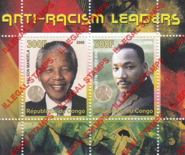 Congo Republic 2008 Anti-racism Nelson Mandela and Martin Luther King Illegal Stamp Souvenir Sheet of 2 Congo Republic 2008 Anti-racism Nelson Mandela and Martin Luther King Illegal Stamp Souvenir Sheet of 2