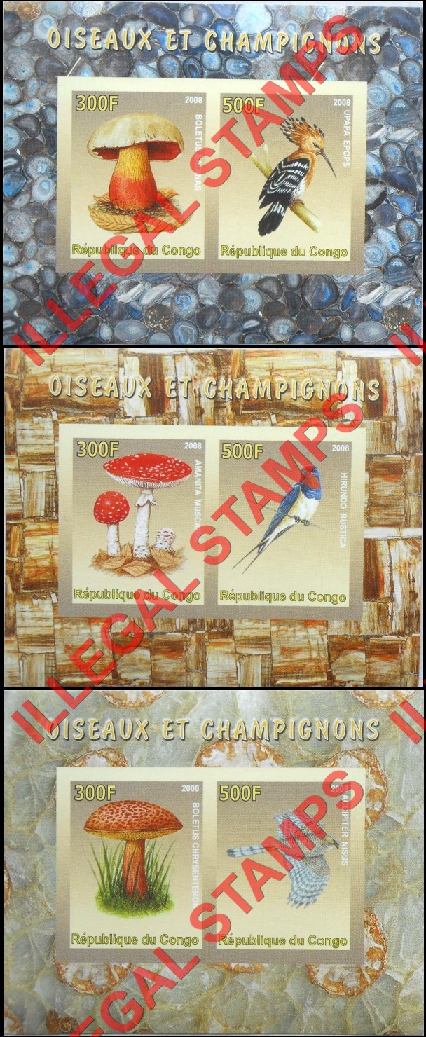 Congo Republic 2008 Birds and Mushrooms Illegal Stamp Souvenir Sheets of 2 Congo Republic 2008 Birds and Mushrooms Illegal Stamp Souvenir Sheets of 2