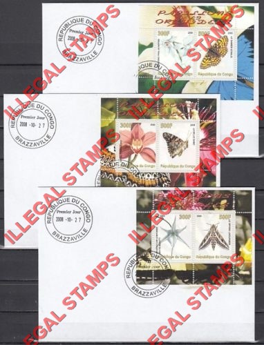Congo Republic 2008 Butterflies and Orchids Illegal Stamp Souvenir Sheets of 2 on Fake First Day Covers Congo Republic 2008 Butterflies and Orchids Illegal Stamp Souvenir Sheets of 2 on Fake First Day Covers