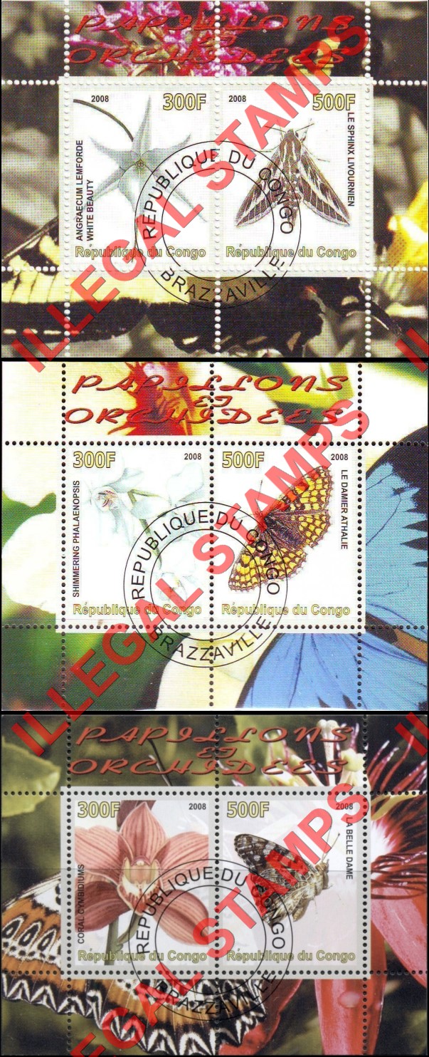 Congo Republic 2008 Butterflies and Orchids Illegal Stamp Souvenir Sheets of 2 Congo Republic 2008 Butterflies and Orchids Illegal Stamp Souvenir Sheets of 2