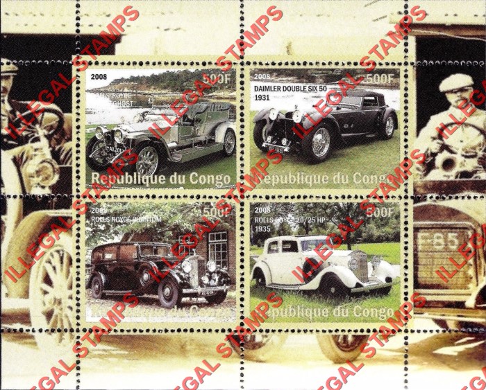 Congo Republic 2008 Classic Cars Illegal Stamp Souvenir Sheet of 4 Congo Republic 2008 Classic Cars Illegal Stamp Souvenir Sheet of 4