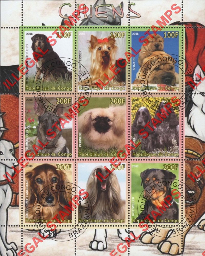 Congo Republic 2008 Dogs Illegal Stamp Sheetlet of 9 Congo Republic 2008 Dogs Illegal Stamp Sheetlet of 9