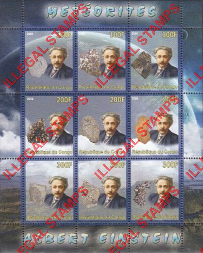 Congo Republic 2008 Albert Einstein Meteorites Illegal Stamp Sheetlet of 9 Congo Republic 2008 Albert Einstein Meteorites Illegal Stamp Sheetlet of 9