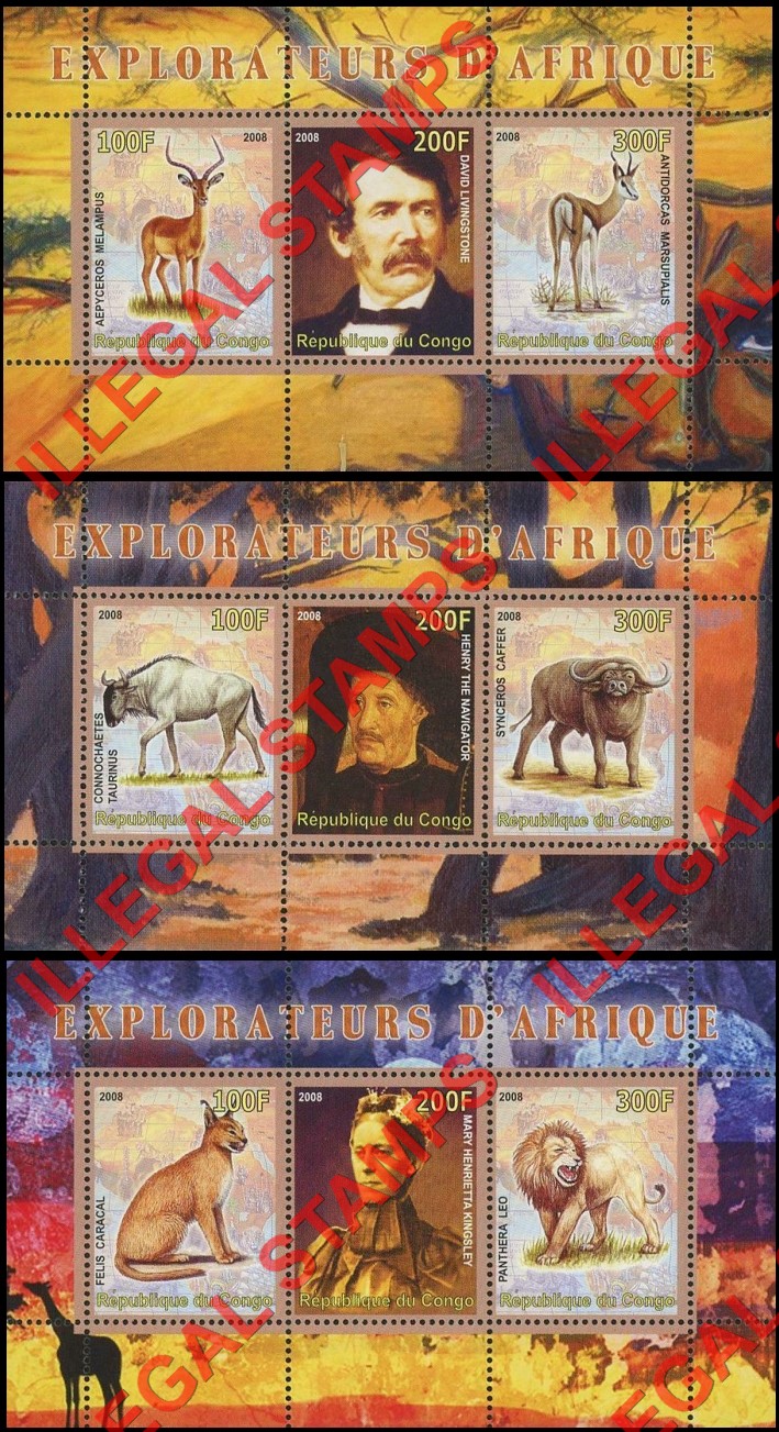 Congo Republic 2008 Explorers of Africa and Animals Illegal Stamp Souvenir Sheets of 3 (Part 1) Congo Republic 2008 Explorers of Africa and Animals Illegal Stamp Souvenir Sheets of 3 (Part 1)