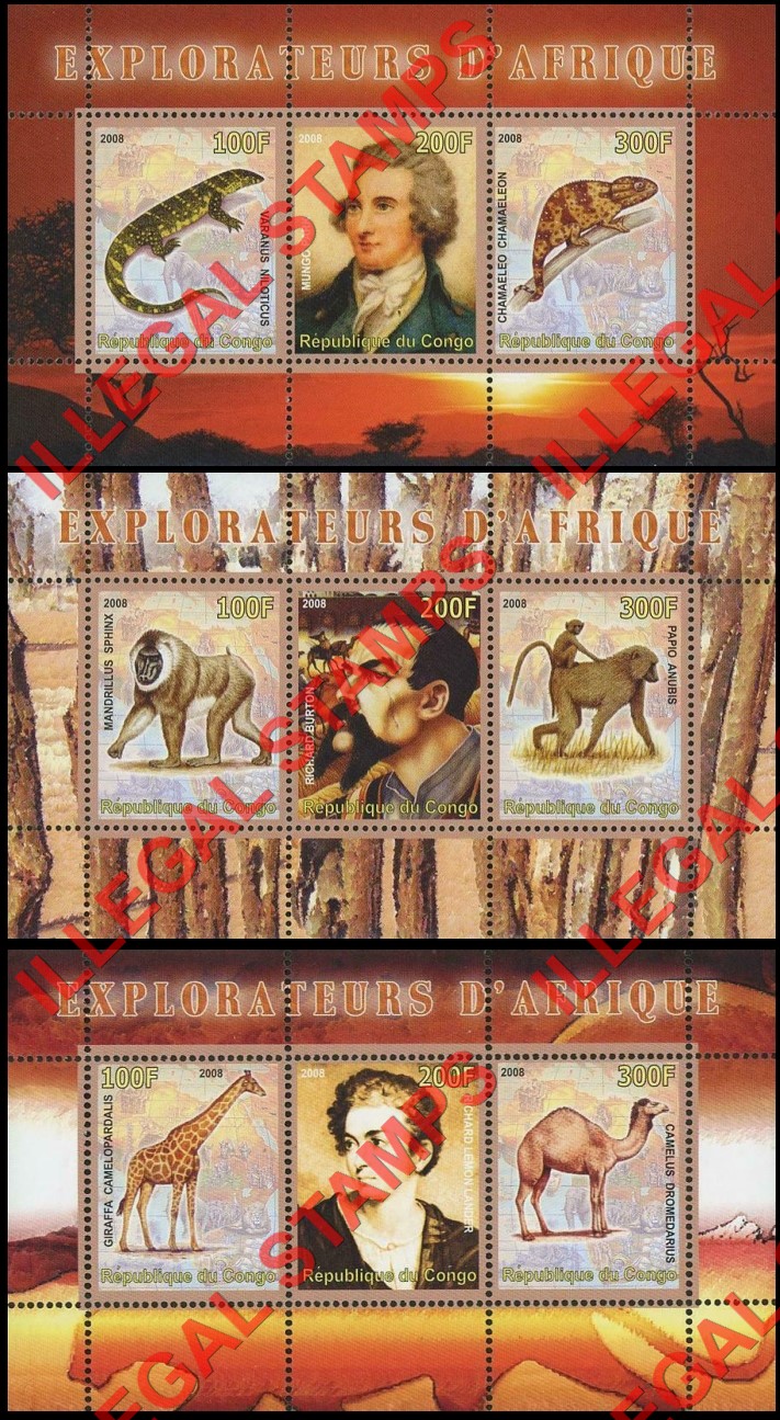 Congo Republic 2008 Explorers of Africa and Animals Illegal Stamp Souvenir Sheets of 3 (Part 2) Congo Republic 2008 Explorers of Africa and Animals Illegal Stamp Souvenir Sheets of 3 (Part 2)