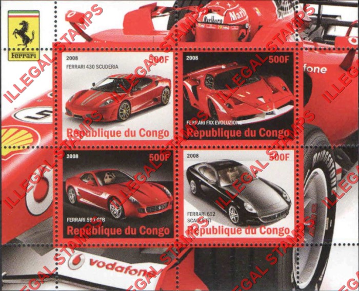 Congo Republic 2008 Ferrari Illegal Stamp Souvenir Sheet of 4 Congo Republic 2008 Ferrari Illegal Stamp Souvenir Sheet of 4