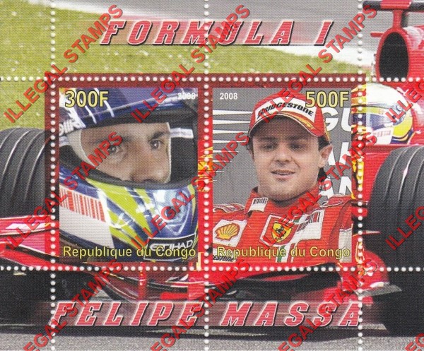 Congo Republic 2008 Formula I Felipe Massa Illegal Stamp Souvenir Sheet of 2 Congo Republic 2008 Formula I Felipe Massa Illegal Stamp Souvenir Sheet of 2