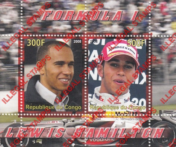 Congo Republic 2008 Formula I Lewis Hamilton Illegal Stamp Souvenir Sheet of 2 Congo Republic 2008 Formula I Lewis Hamilton Illegal Stamp Souvenir Sheet of 2