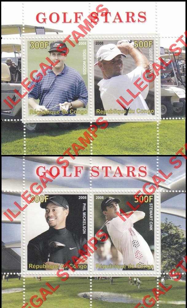 Congo Republic 2008 Golf Stars Illegal Stamp Souvenir Sheets of 2 Congo Republic 2008 Golf Stars Illegal Stamp Souvenir Sheets of 2