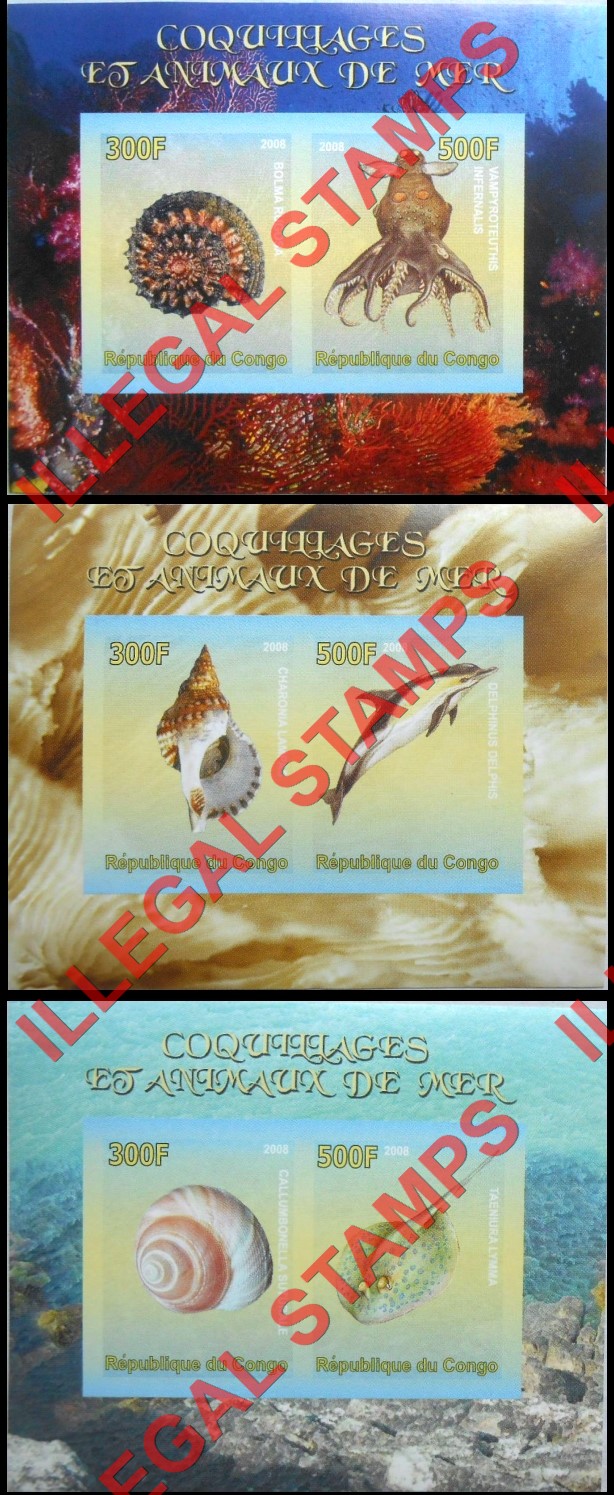 Congo Republic 2008 Sea Shells and Sea Animals Illegal Stamp Souvenir Sheets of 2 Congo Republic 2008 Sea Shells and Sea Animals Illegal Stamp Souvenir Sheets of 2