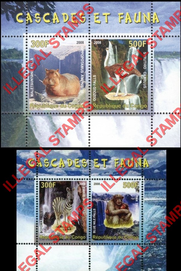 Congo Republic 2008 Waterfalls and Fauna Illegal Stamp Souvenir Sheets of 2 Congo Republic 2008 Waterfalls and Fauna Illegal Stamp Souvenir Sheets of 2