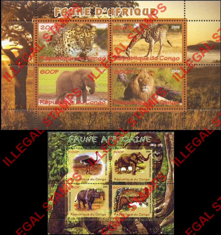 Congo Republic 2009 African Fauna Animals Illegal Stamp Souvenir Sheets of 4 Congo Republic 2009 African Fauna Animals Illegal Stamp Souvenir Sheets of 4