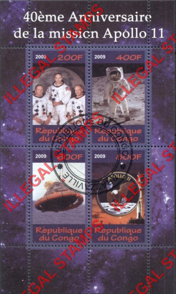Congo Republic 2009 Apollo 11 Illegal Stamp Souvenir Sheet of 4 Congo Republic 2009 Apollo 11 Illegal Stamp Souvenir Sheet of 4