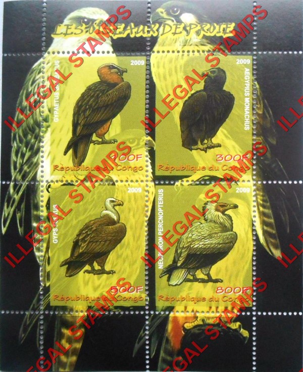 Congo Republic 2009 Birds of Prey Illegal Stamp Souvenir Sheet of 4 Congo Republic 2009 Birds of Prey Illegal Stamp Souvenir Sheet of 4