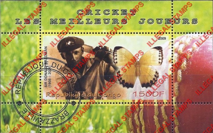 Congo Republic 2009 Sir Donald Bradman Cricket Player and Butterfly Illegal Stamp Souvenir Sheet of 1 Congo Republic 2009 Sir Donald Bradman Cricket Player and Butterfly Illegal Stamp Souvenir Sheet of 1
