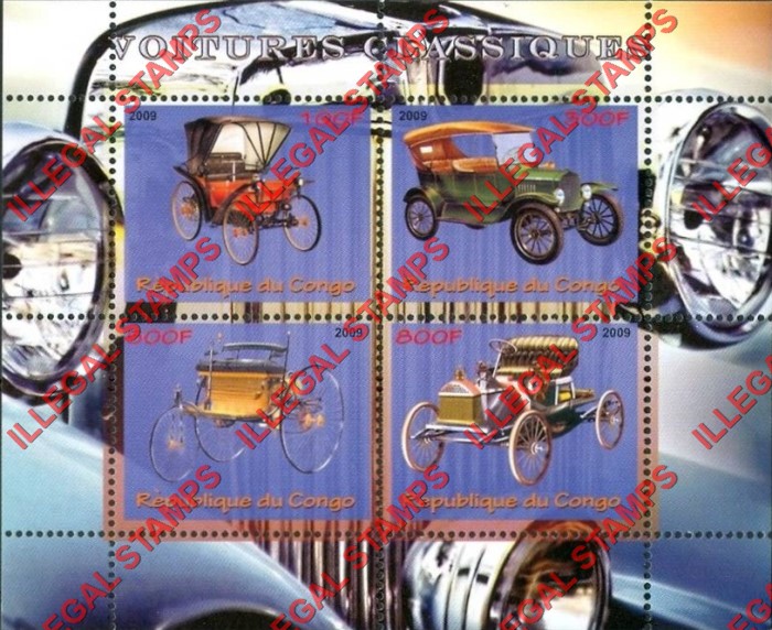 Congo Republic 2009 Classic Cars Illegal Stamp Souvenir Sheet of 4 Congo Republic 2009 Classic Cars Illegal Stamp Souvenir Sheet of 4