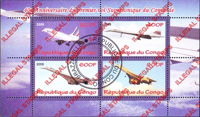 Congo Republic 2009 Concorde 40th Anniversary Illegal Stamp Souvenir Sheet of 4 Congo Republic 2009 Concorde 40th Anniversary Illegal Stamp Souvenir Sheet of 4