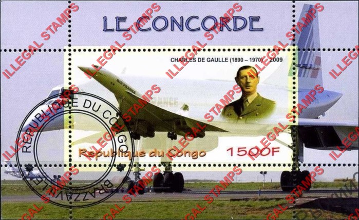 Congo Republic 2009 Concorde Charles de Gaulle Illegal Stamp Souvenir Sheet of 1 Congo Republic 2009 Concorde Charles de Gaulle Illegal Stamp Souvenir Sheet of 1