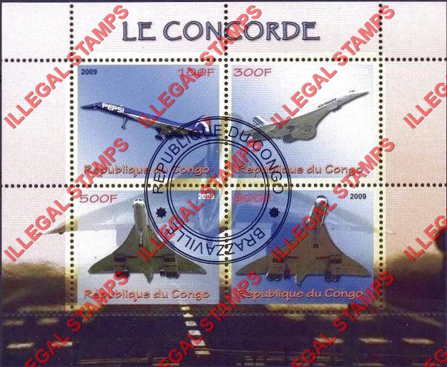 Congo Republic 2009 Concorde Illegal Stamp Souvenir Sheet of 4 Congo Republic 2009 Concorde Illegal Stamp Souvenir Sheet of 4