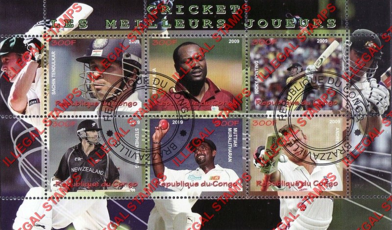 Congo Republic 2009 Cricket Players Illegal Stamp Souvenir Sheet of 6 Congo Republic 2009 Cricket Players Illegal Stamp Souvenir Sheet of 6