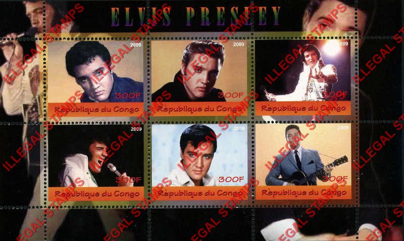 Congo Republic 2009 Elvis Presley Illegal Stamp Souvenir Sheet of 6 Congo Republic 2009 Elvis Presley Illegal Stamp Souvenir Sheet of 6