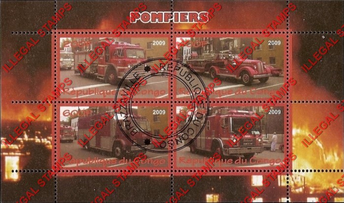 Congo Republic 2009 Fire Departments Illegal Stamp Souvenir Sheet of 4 Congo Republic 2009 Fire Departments Illegal Stamp Souvenir Sheet of 4